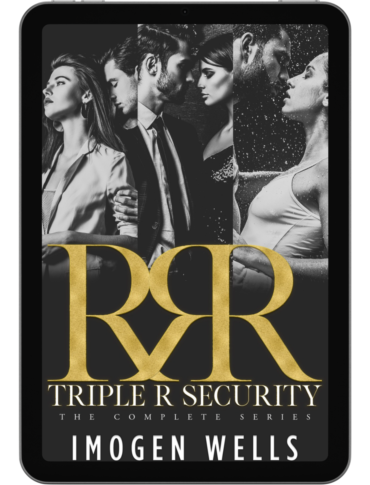 Book cover for Triple R Security boxset by Imogen Wells on a table/e-reader.