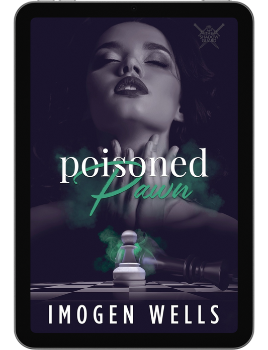 Book cover for Poisoned Pawn by Imogen Wells displayed on a tablet/e-reader.