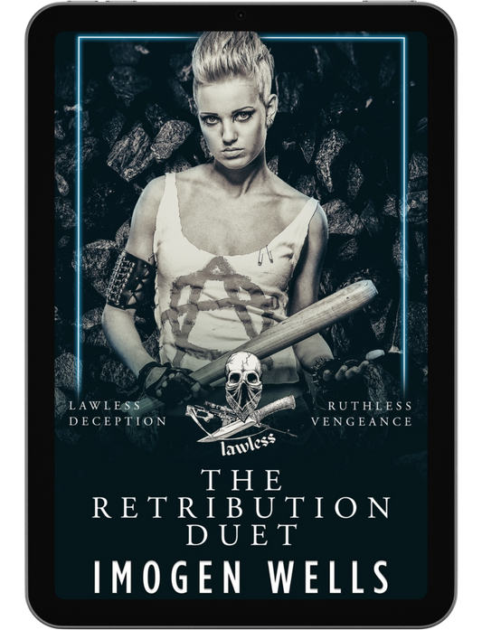 Book cover for The Retribution Duet boxset by Imogen Wells displayed on a tablet/e-reader.